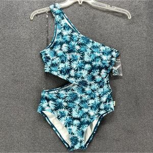 Michael Kors Turquoise Floral One Shoulder Cut Out One Piece Swimsuit Size 10